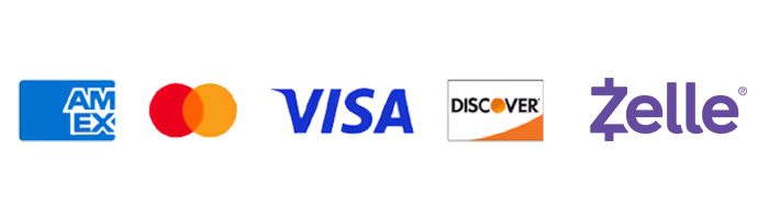 Accepted payment methods: Visa, Mastercard, American Express, Discover, Zelle